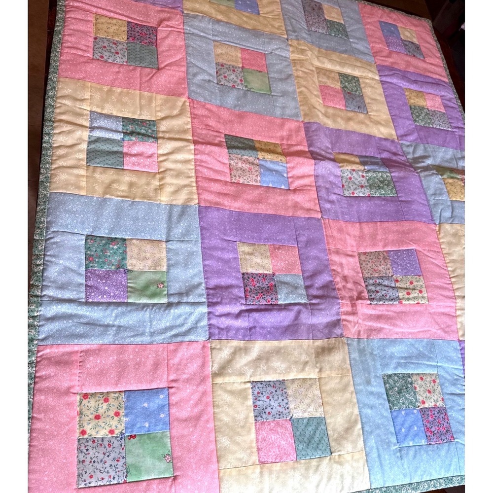 Handmade Patchwork Quilt Throw Baby Blanket Pastel Floral Multicolor 39x48